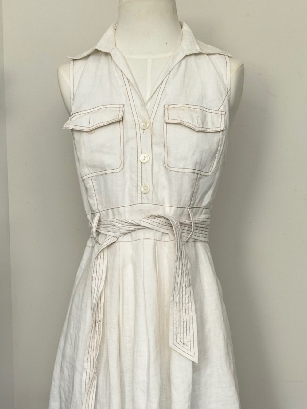 White 100 % Linen Structured Sleeveless Shirt Dress Size 4 NWT